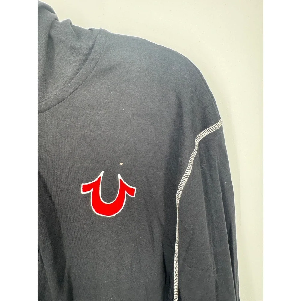 NWT True Religion Flocked Logo Hooded Henley T-Shirt Shirt Men's Large Jet Black
